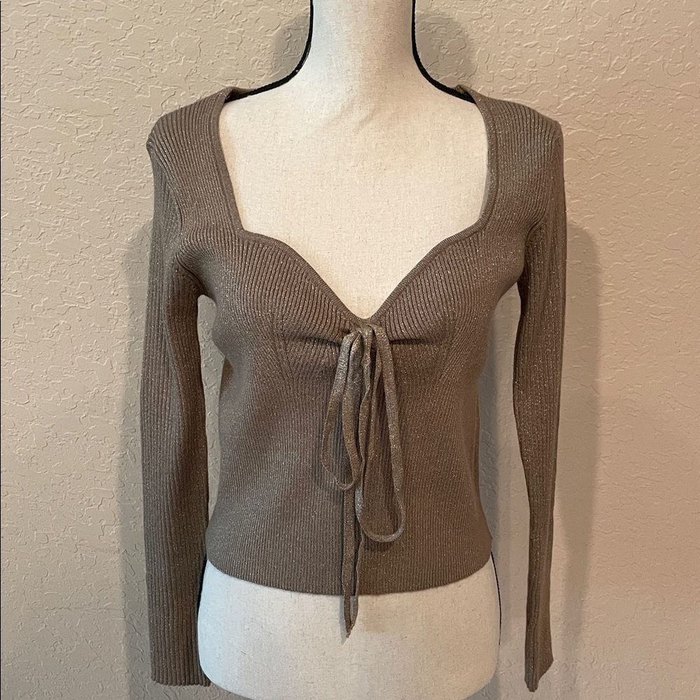 House of Harlow 1960 Sweater Bronze Sparkle Lurex Ribbed Knit Cropped Size L
